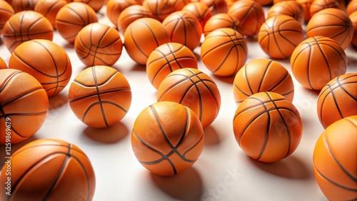 A multitude of orange basketballs arranged closely together on a bright white surface, showcasing the texture and details of the leather spheres in a striking visual display photo