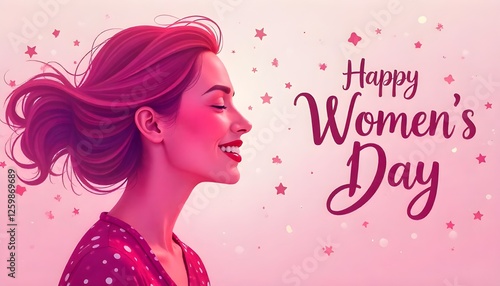 A celebratory Women's Day vector image featuring an abstract, joyful woman rendered in pink hues