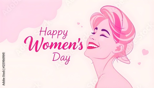 A celebratory Women's Day vector image featuring an abstract, joyful woman rendered in pink hues