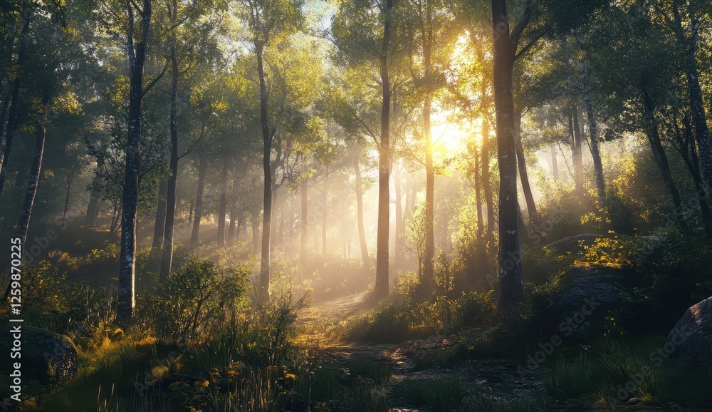 Fototapeta premium Sunlit Forest Path, Misty Morning