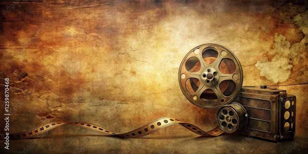 Fototapeta premium Distressed Film Reel Background with Vintage Camera , retro style, vintage camera