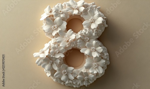A soft beige background provides the setting for the decorative number eight, which is surrounded by delicate white flowers