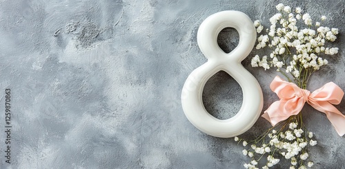 The decorative number eight is set against a grey background and is surrounded by an arrangement of white flowers and a pink bow