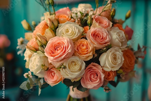 The bouquet features an elegant mix of pink and white roses, gently enveloped in soft greenery, all on a pale background