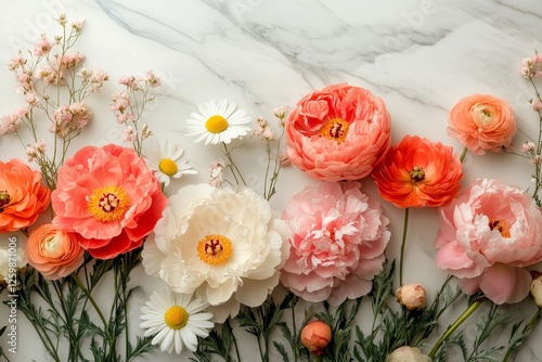 The arrangement of peonies and daisies on a gentle background with soft pastel colors is perfect for decor or sparking art ideas