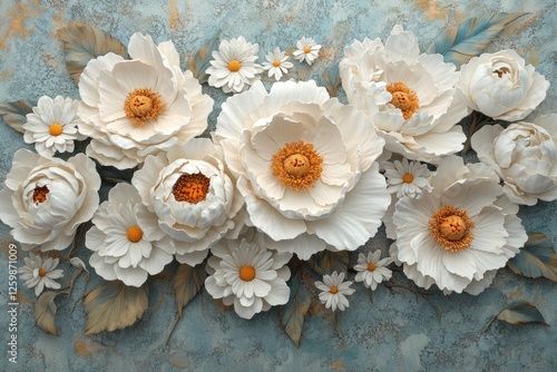 The arrangement is a beautiful combination of peonies and daisies presented in soft colors and a refined style