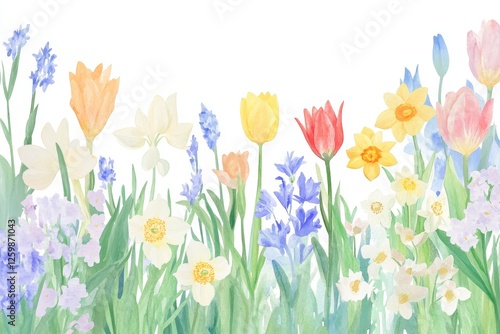 Vibrant blooms of various spring flowers are showcased in a colorful watercolor painting on a gentle background