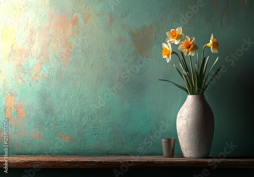 The daffodil bouquet, beautifully arranged, sits in a simple vase on a soft pastel colored background