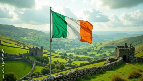 Fotografie National flag of Ireland waves freely against landscape of green hills and old stone walls, evoking the natural beauty and cultural heritage