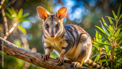 A Curious Brush-Tailed Possum Perched on a Branch, Bathed in Golden Sunlight, Amidst Lush Green Foliage photo