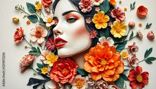 International Women's Day, An elegant illustration showcasing a woman's face surrounded by delicately layered flowers in a paper-cut style