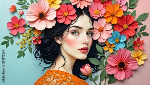 International Women's Day, An elegant illustration showcasing a woman's face surrounded by delicately layered flowers in a paper-cut style