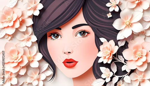 International Women's Day, An elegant illustration showcasing a woman's face surrounded by delicately layered flowers in a paper-cut style