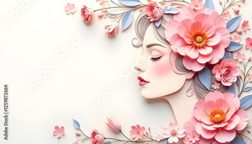 International Women's Day, An elegant illustration showcasing a woman's face surrounded by delicately layered flowers in a paper-cut style