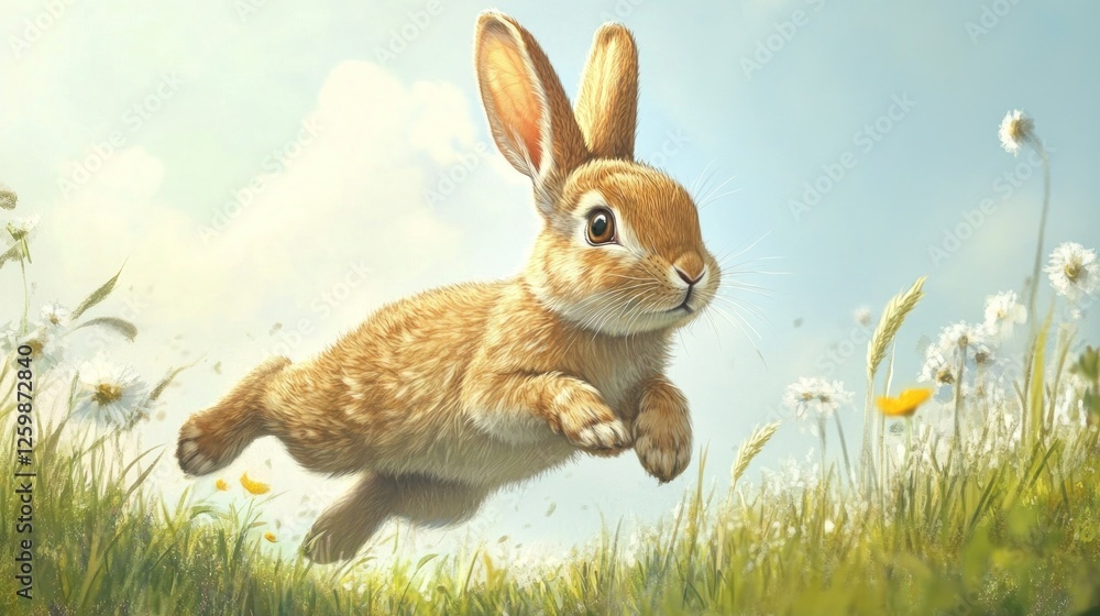 Fototapeta premium A Joyful Leap: A Brown Bunny in Spring Meadow
