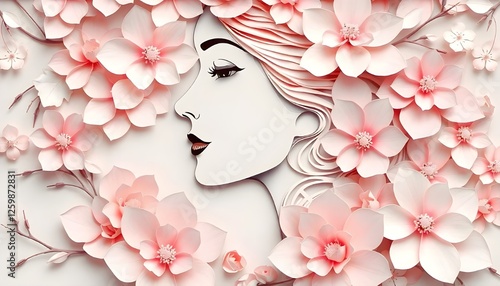International Women's Day, An elegant illustration showcasing a woman's face surrounded by delicately layered flowers in a paper-cut style