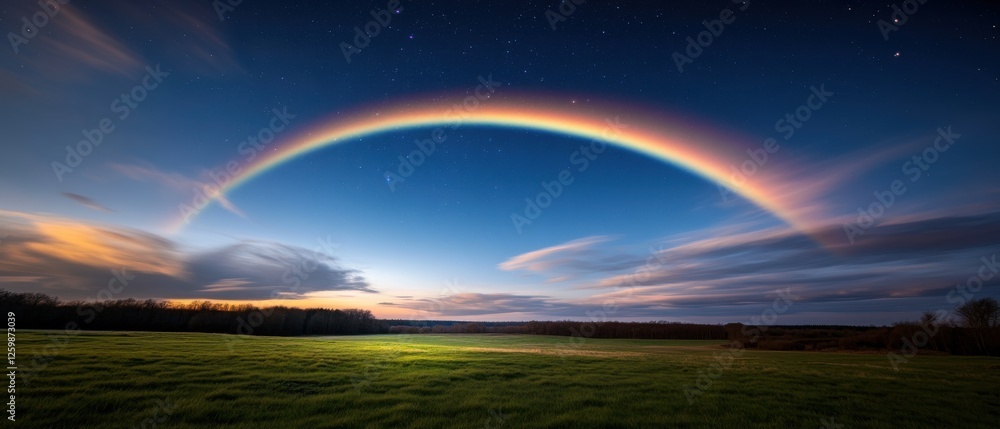 Vibrant Rainbow Over Serene Landscape at Twilight in the Countryside Vibrant Rainbow Over Serene Landscape at Twilight in the Countryside