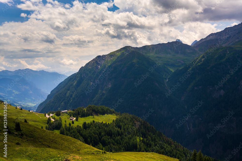 Obraz premium Scattered alpine houses. Beauty of Grossglockner High Alpine Road in Austrias Hohe Tauern National Park, where towering mountains meet rolling meadows.
