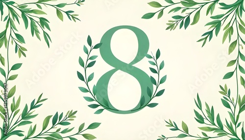 International Women's Day, This elegant botanical background, featuring green florals, the number 8, and a caption, is designed to celebrate
