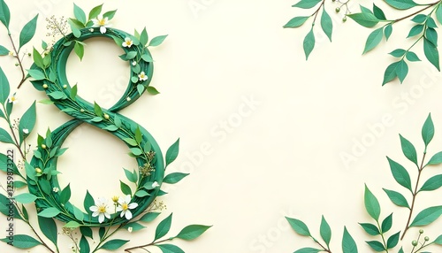 International Women's Day, This elegant botanical background, featuring green florals, the number 8, and a caption, is designed to celebrate