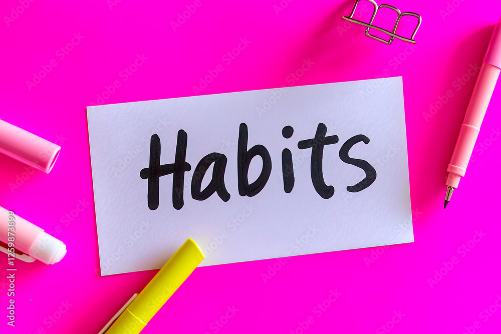 Fototapeta premium Habits note beside pens on pink background