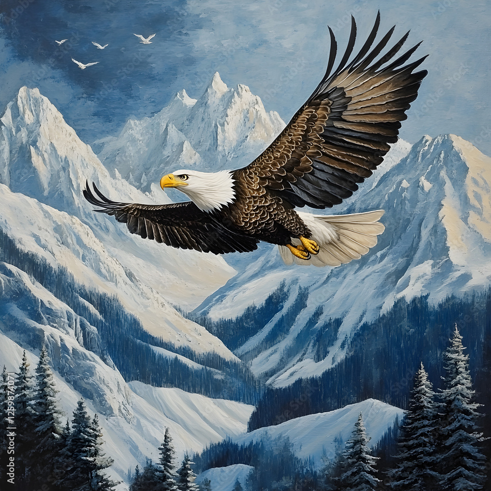 Obraz premium Soaring Eagle Over Mountains: An majestic eagle soars through the crisp mountain air, the snow-capped peaks and evergreen trees stand witness to the animal's strength.
