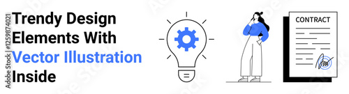 Light bulb with gear, woman thinking, and signed contract signify innovation, decision-making, and agreements. Ideal for business, creativity, consulting, start-ups teamwork legal themes flat