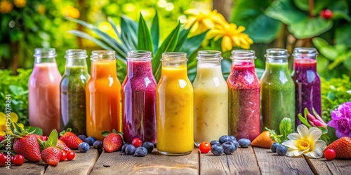 A Vibrant Row of Refreshing Fruit and Vegetable Smoothies in Glass Bottles, Arranged on Rustic Wooden Surface with Fresh Berries and Flowers photo