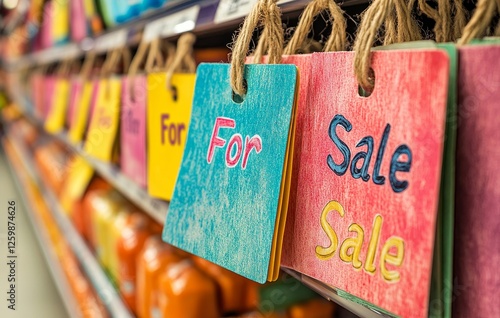 In a grocery store, an aisle features a sign with colorful lettering announcing a sale photo