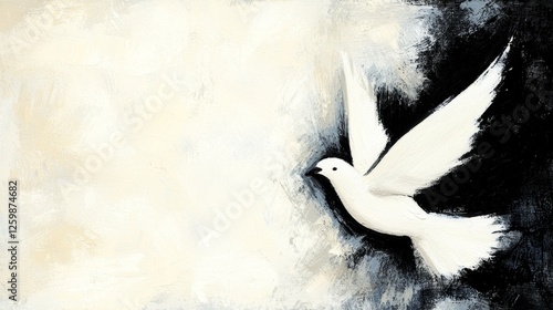  a white dove flying through the air against a black and white background The dove is painted in a realistic style, with its wings spread wide and its head turned t photo