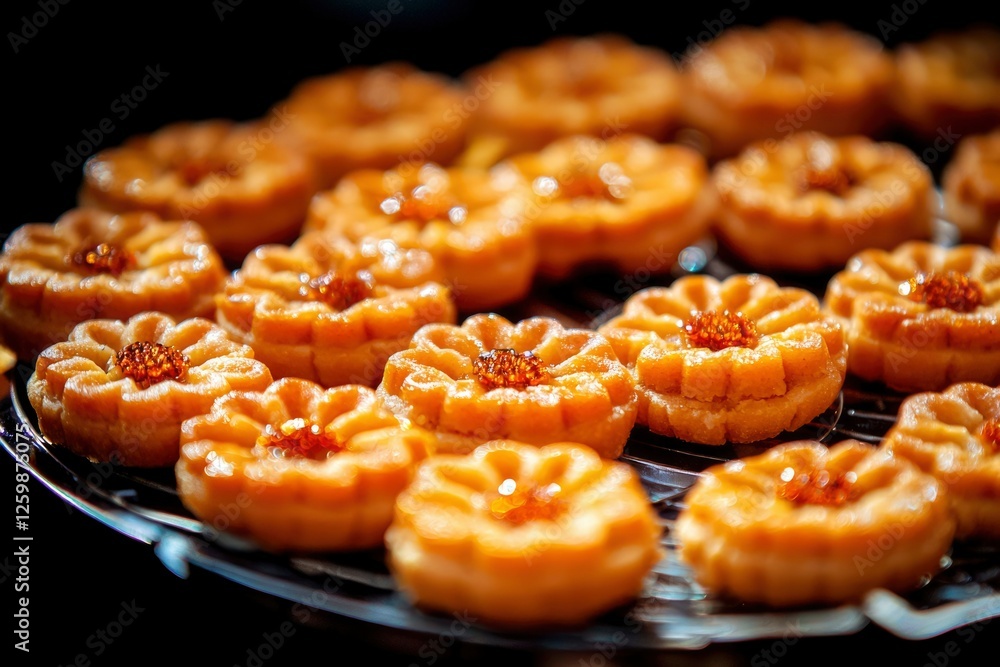 Sweet Honey Cakes sit on rack, ready to be served as dessert with a dark backdrop Sweet Honey Cakes sit on rack, ready to be served as dessert with a dark backdrop