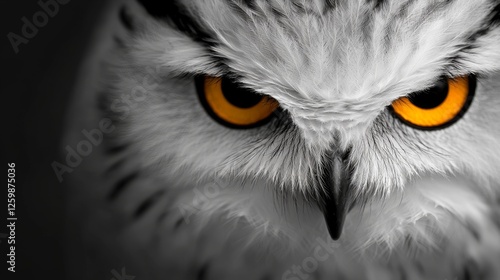  a close up of a white owl with yellow eyes against a black background