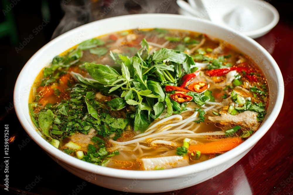 Steaming noodle soup is served in a bowl in a restaurant. Food photography Steaming noodle soup is served in a bowl in a restaurant. Food photography