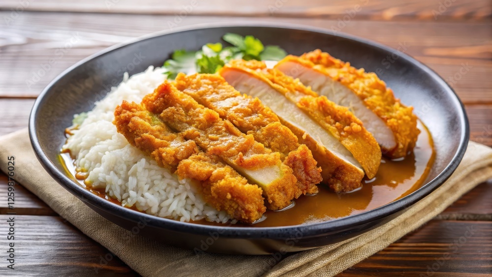Crispy fried pork cutlet slices served on a bed of warm rice with a rich and flavorful curry sauce, Japanese comfort food , restaurant-style meal Crispy fried pork cutlet slices served on a bed of warm rice with a rich and flavorful curry sauce, Japanese comfort food , restaurant-style meal