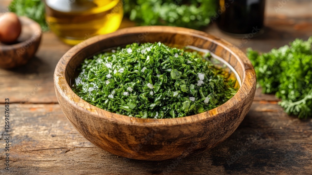 A wooden bowl filled with finely chopped herbs, possibly parsley, garnished with salt. A wooden bowl filled with finely chopped herbs, possibly parsley, garnished with salt.