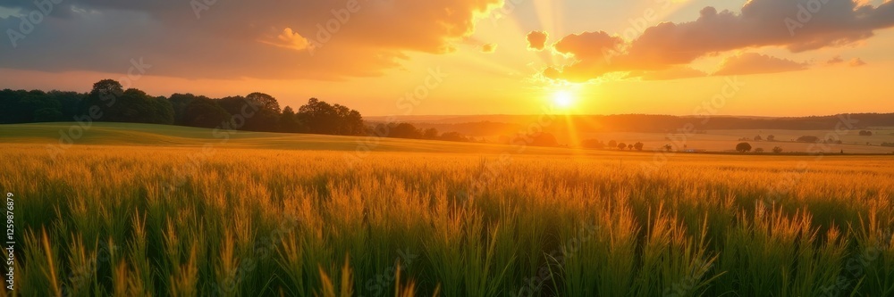 A blanket of golden light covers the fields as sunrise approaches, countryside, farm life A blanket of golden light covers the fields as sunrise approaches, countryside, farm life