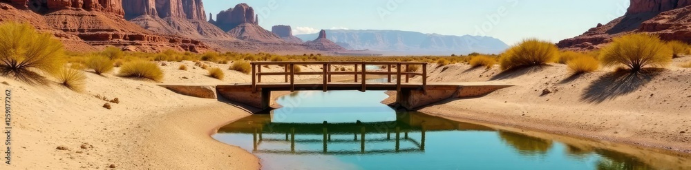 A small wooden bridge crosses over a serene sandy riverbed, desert landscape, wooden structures, rivers A small wooden bridge crosses over a serene sandy riverbed, desert landscape, wooden structures, rivers