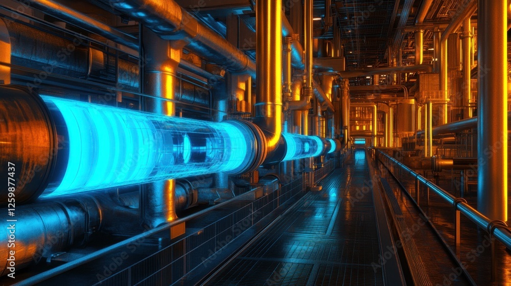 Fototapeta premium A futuristic pipeline system glowing with blue energy on a dark steel background