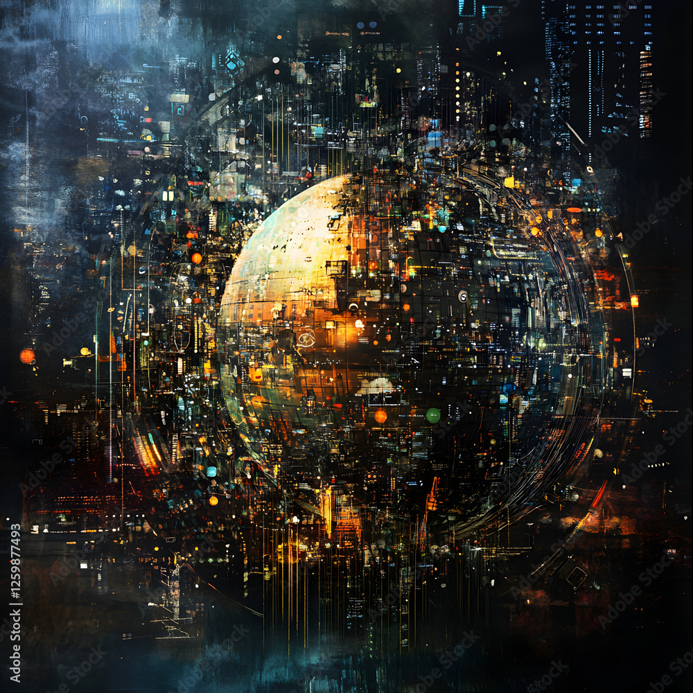 Fototapeta premium Digital Sphere of Metropolis: An intricate, abstract digital artwork, resembling a glowing globe pulsating with the vibrant lights of a futuristic cityscape.