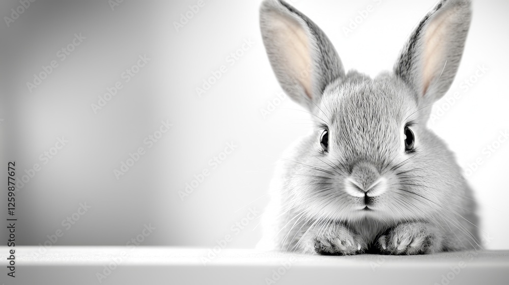 Obraz premium a black and white photo of a rabbit sitting on top of a table The rabbit has a soft, fluffy coat of fur and its ears are perked up, giving it an alert and curious