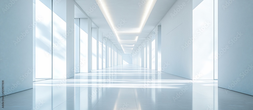 Bright and spacious corridor with modern architecture, showcasing natural light and reflections Bright and spacious corridor with modern architecture, showcasing natural light and reflections