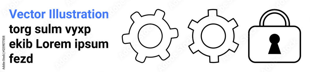 Two gears next to a padlock symbolize security, mechanical processes, and system integration. Placeholder text included. Ideal for technology, cybersecurity, mechanical systems, software development Two gears next to a padlock symbolize security, mechanical processes, and system integration. Placeholder text included. Ideal for technology, cybersecurity, mechanical systems, software development