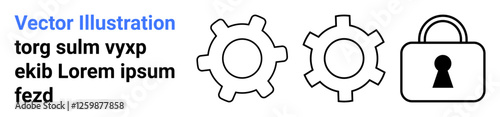 Two gears next to a padlock symbolize security, mechanical processes, and system integration. Placeholder text included. Ideal for technology, cybersecurity, mechanical systems, software development