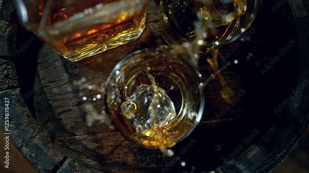 Super Slow Motion of Ice Cube Falling into Glass of Whiskey with Camera Motion. Overhead View. Filmed on High Speed Cinema Camera, 1000 fps. Super Slow Motion of Ice Cube Falling into Glass of Whiskey with Camera Motion. Overhead View. Filmed on High Speed Cinema Camera, 1000 fps.