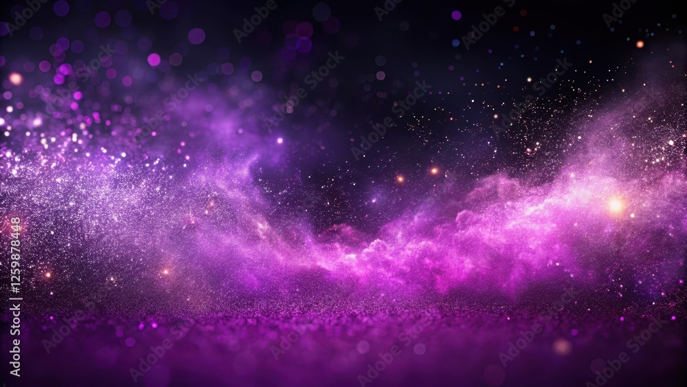 Fototapeta premium Cosmic dust particles floating in a vibrant purple gas, glowing particles, cosmic dust, starlight, galaxies
