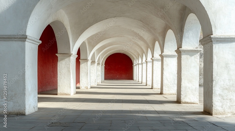 Naklejka premium Arched hallway with white pillars and red walls with a great perspective view
