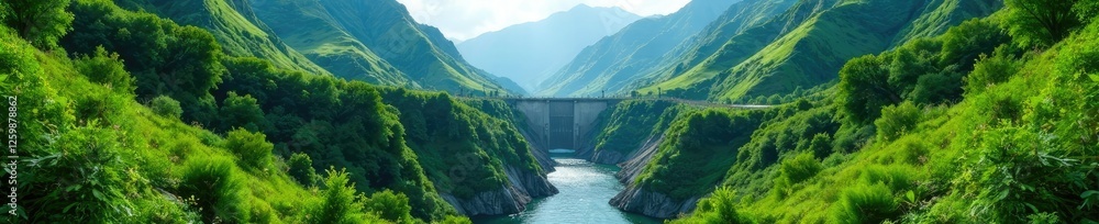 Obraz premium Lush greenery surrounding the mountain valley and hydroelectric dam, valley, vegetation