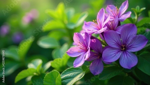 Large purple blooms dominate the landscape of dense green leaves, foliage, nature