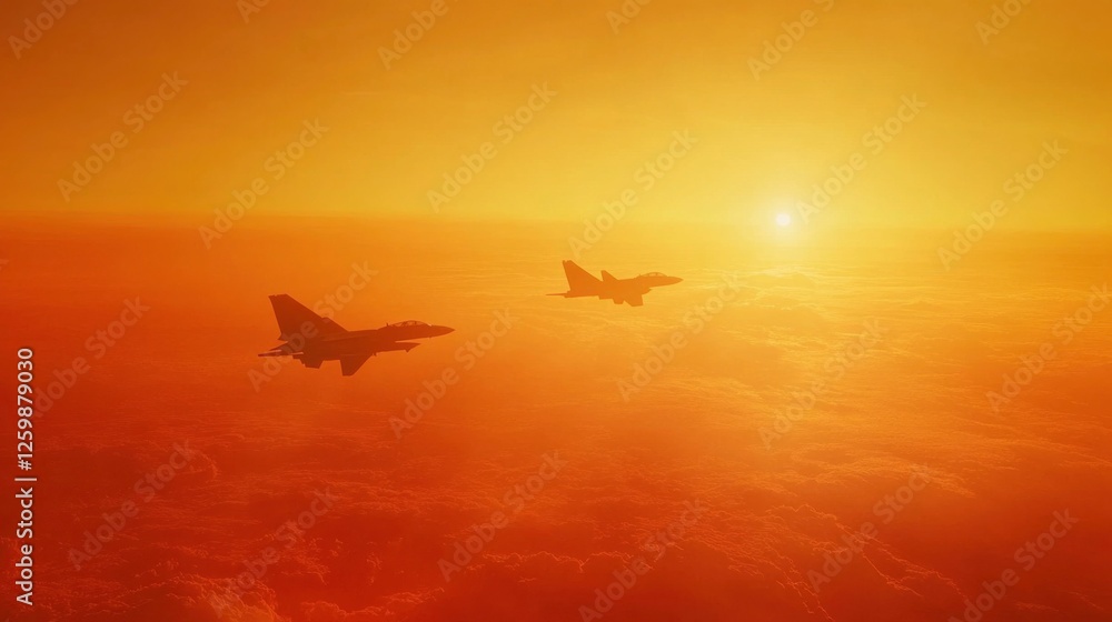 Fototapeta premium Fighter Jets Flying in the Sky at Sunset Over Orange Clouds