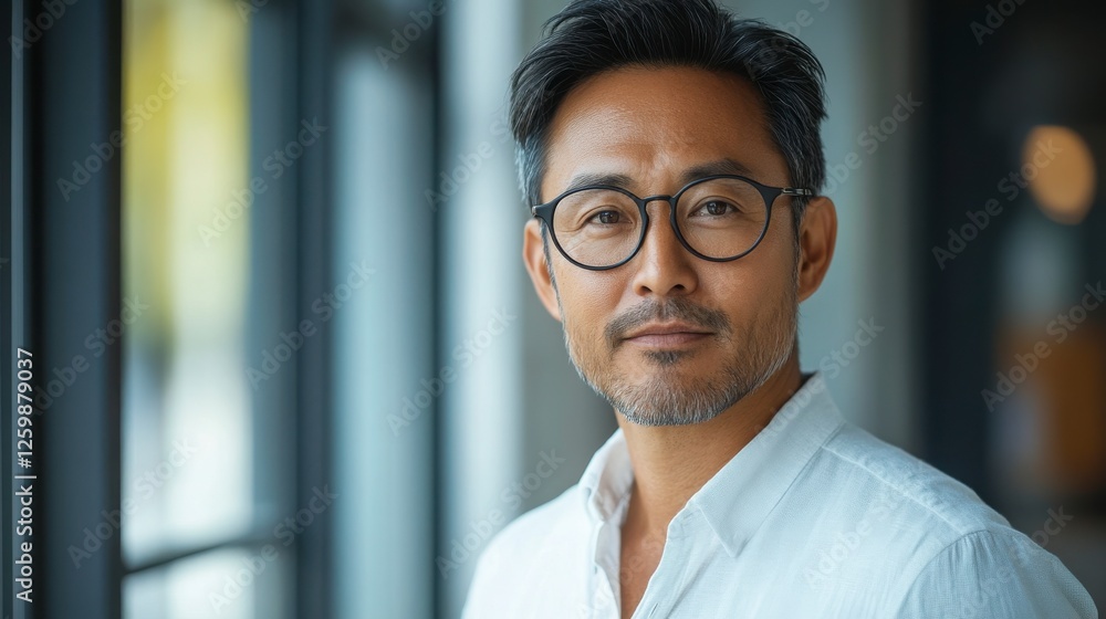 Confident man with glasses in modern indoor setting looking relaxed Confident man with glasses in modern indoor setting looking relaxed